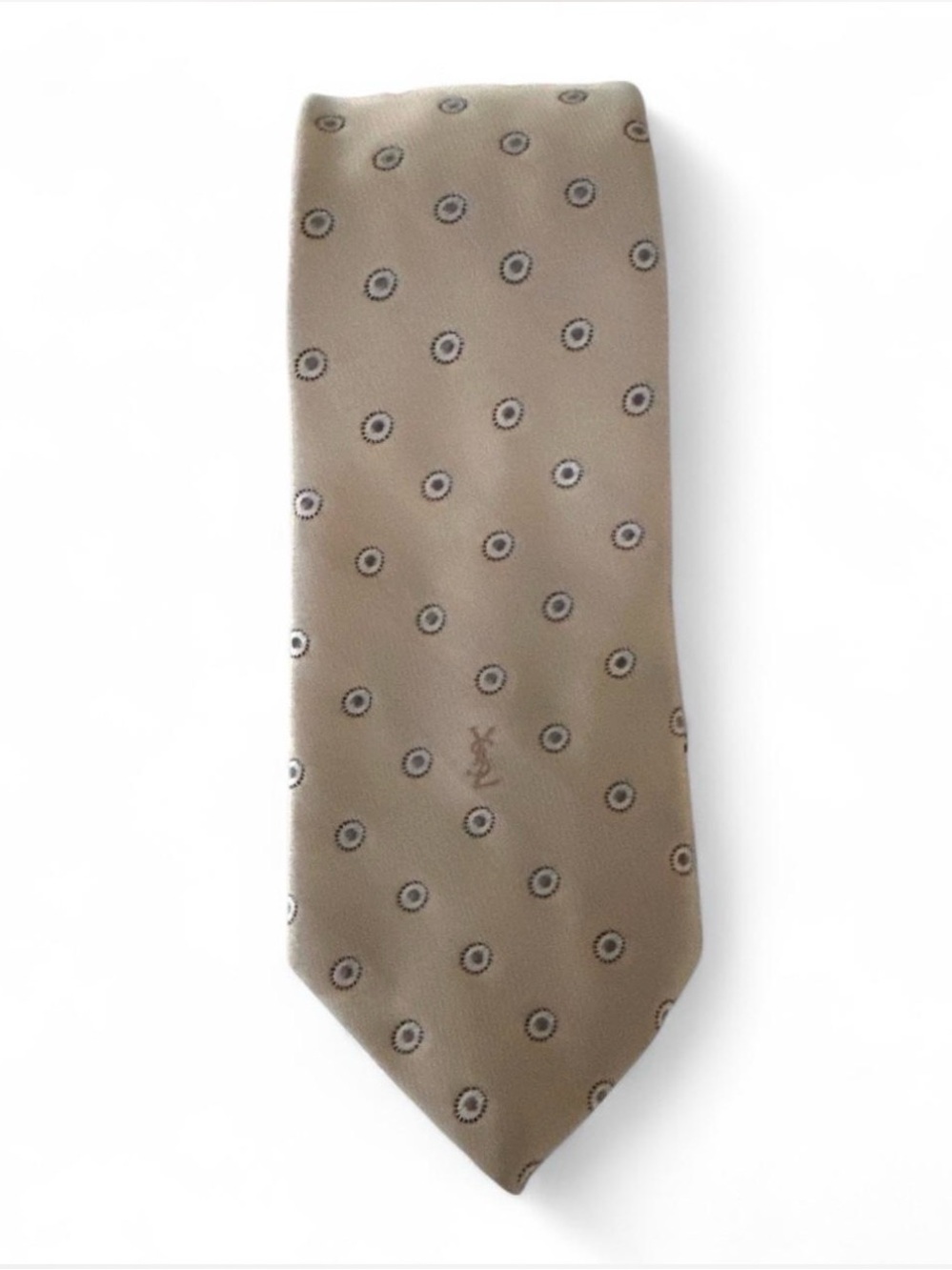 Yves Saint Laurent golden champagne tie circular blue gray motifs EUC